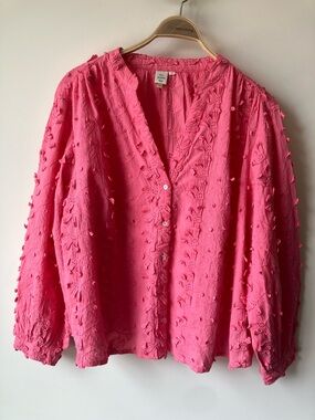 Seen Worn Kept Anthropologie Pink Eyelet Floral Embroidery Button-Down Shirt 18W